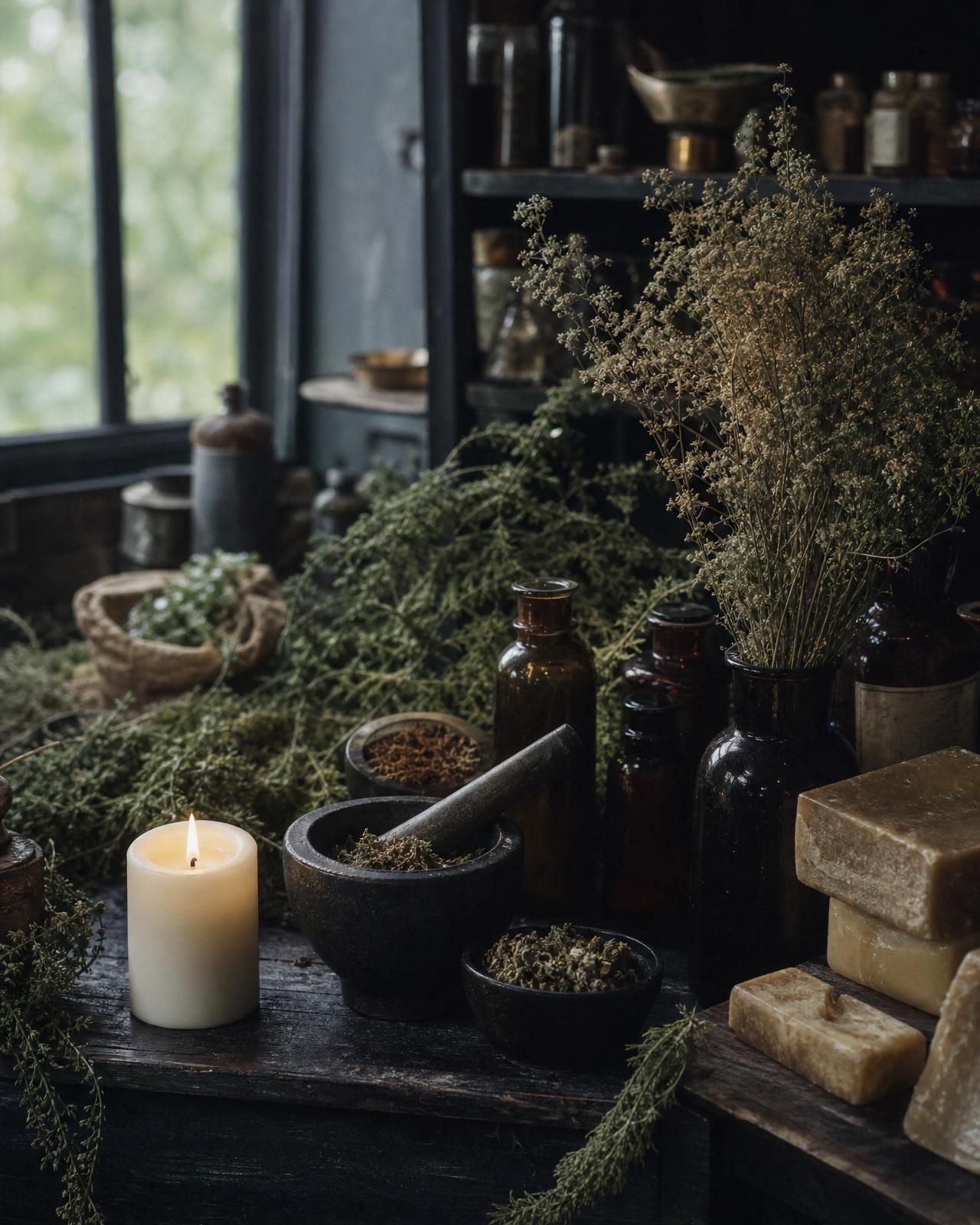 A dark apothecary workbench with herbs, amber bottles, candles, and raw soap bars